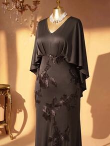 Rometta Plus Size Women's Elegant Vintage Coffee Color V-Neck Flutter Sleeve Cape Embroidered Double Layer Long Dress - Coffee Brown - View 3