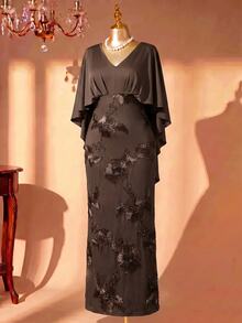 Rometta Plus Size Women's Elegant Vintage Coffee Color V-Neck Flutter Sleeve Cape Embroidered Double Layer Long Dress - Coffee Brown - View 5