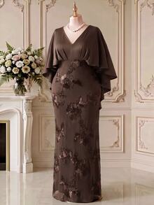 Rometta Plus Size Women's Elegant Vintage Coffee Color V-Neck Flutter Sleeve Cape Embroidered Double Layer Long Dress - Coffee Brown - View 6