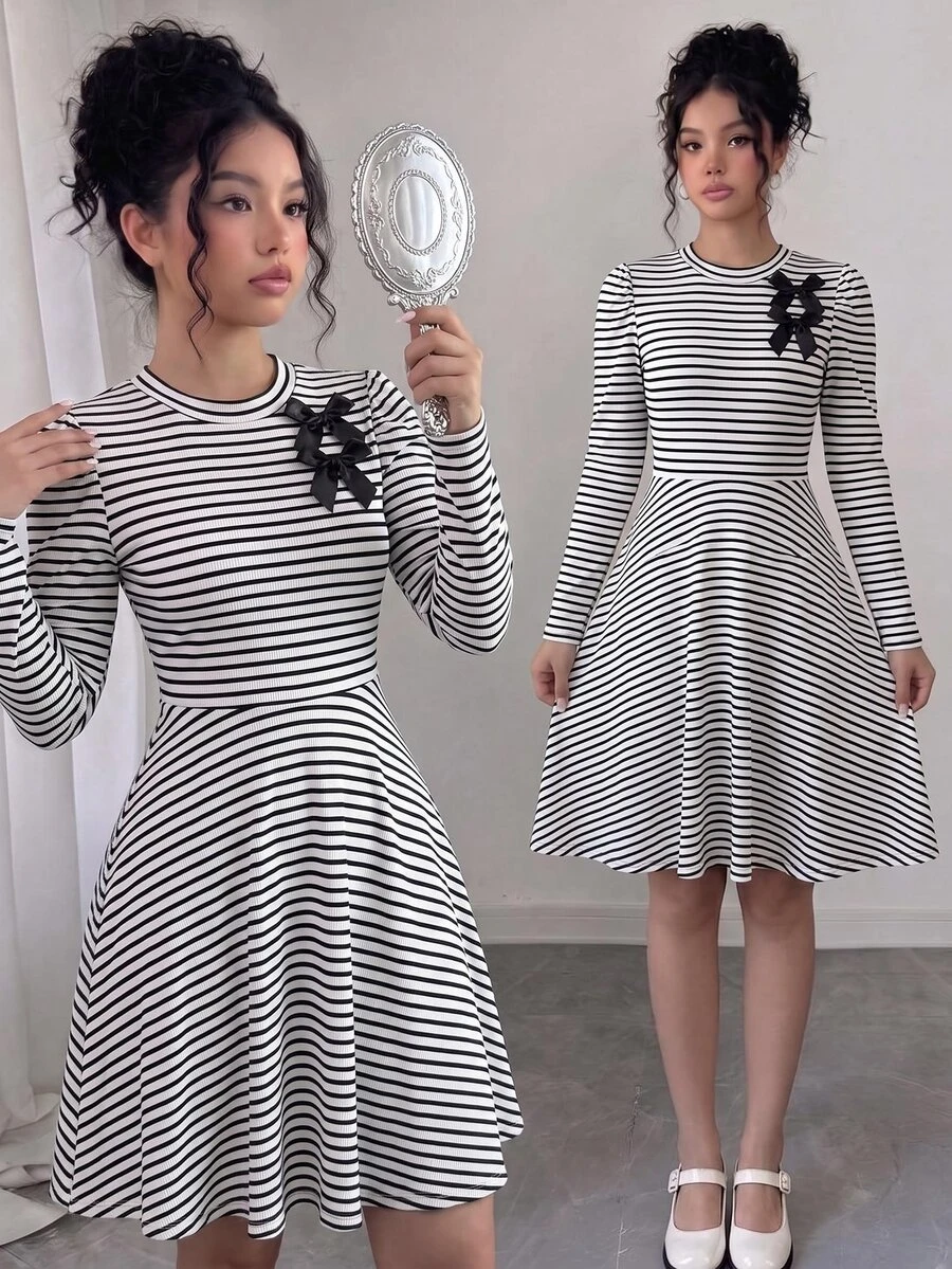 Girls' Elegant Classic White And Black Polka Dot Knit Long Sleeve Fall Dress, Petal Sleeve Cinched Waist A-Line Dress, Spring/Autumn Birthday - Multicolor - View 1