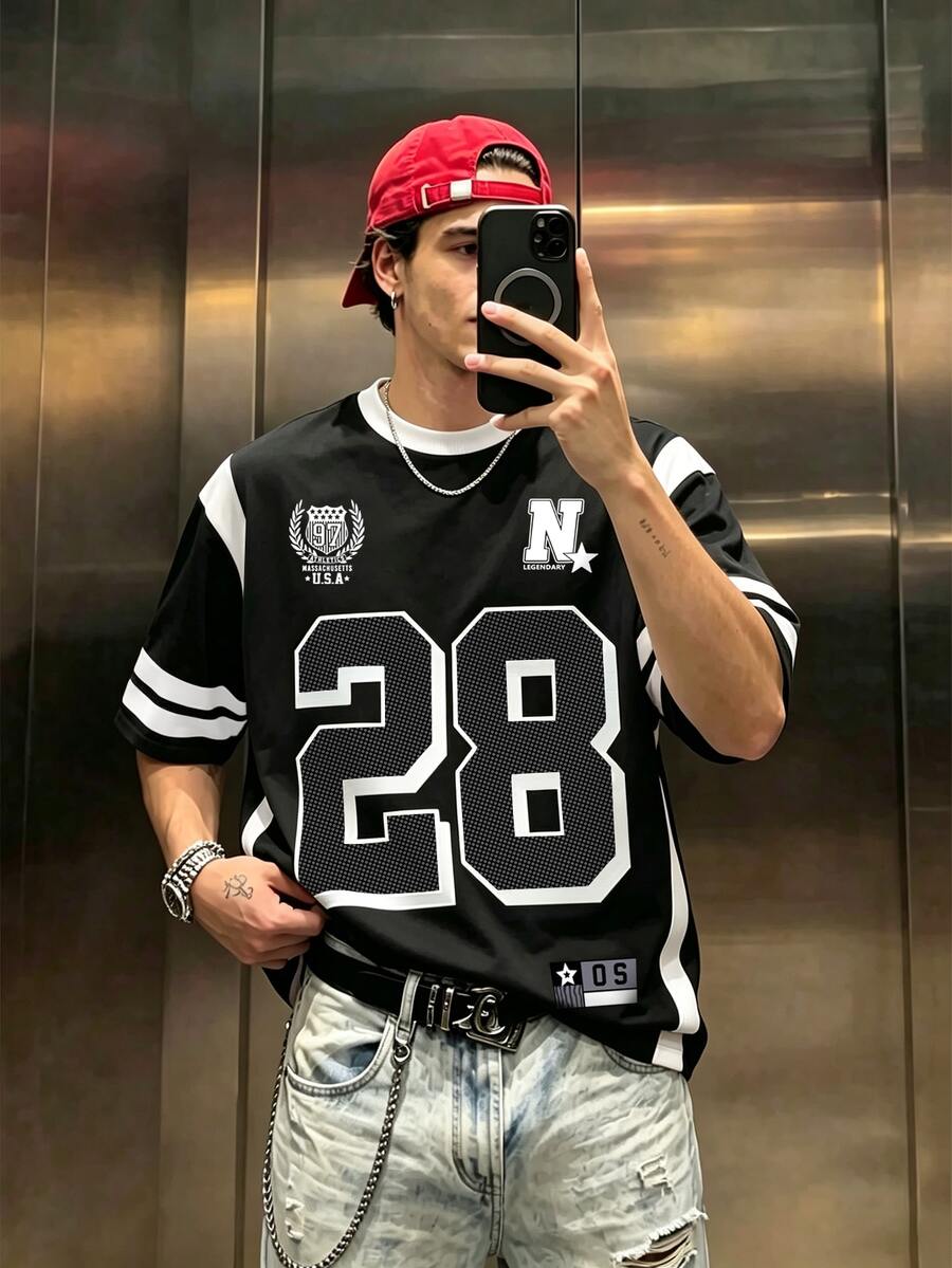 Resyla Men 街頭風復古圓點數字字母組合運動學院風男士T恤，度假海灘黑白配色夏季款