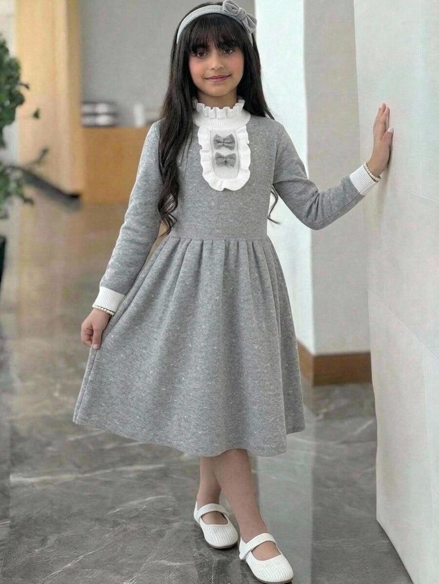 SHEIN Tween Girl Color Block Kids Ruffle Collar Cinched Waist White Heart Print Long Sleeve Grey Autumn/Winter Dress Back To School - Grey - View 1