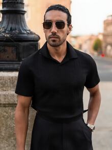YOUESAWY YOUESAWY Men's Textured Knit Short Sleeve Polo Shirt, Johnny Collar Textured Casual Pullover, Summer Old Money Fashion Commuting Tee Gift, Football - Black - View 4