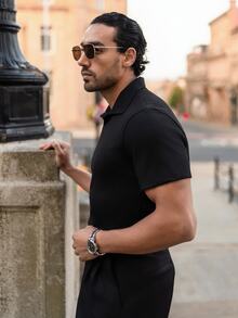 YOUESAWY YOUESAWY Men's Textured Knit Short Sleeve Polo Shirt, Johnny Collar Textured Casual Pullover, Summer Old Money Fashion Commuting Tee Gift, Football - Black - View 6