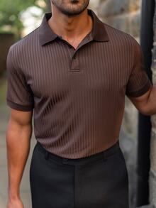 YOUESAWY YOUESAWY 男士純色羅紋針織 Polo 衫，老錢風，正式款 - 咖啡棕 - 查看 4