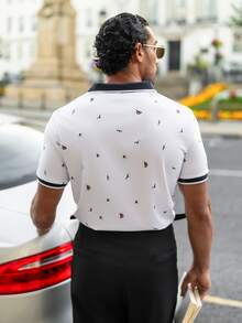 YOUESAWY YOUESAWY 男士全身印花對比滾邊半鈕扣領圖案熱帶趣味 Polo 正裝襯衫，適用於高爾夫、儀式 - 白色 - 查看 2