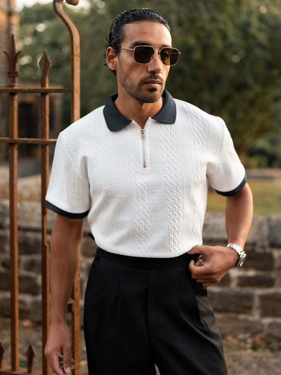 YOUESAWY YOUESAWY Men's Summer Jacquard Textured Contrast Color Half-Zip Polo Shirt, Casual Minimalist Urban Mature British Gentleman Style, Smart Casual - White - View 1