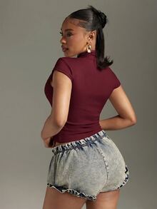 Denimoi High Neck Front Cut Out Bodycon Top Sexy Tops GNO Fashionable Tops - Burgundy - View 5