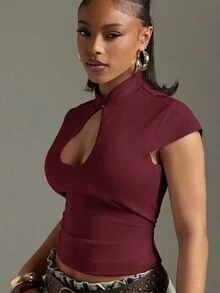 Denimoi High Neck Front Cut Out Bodycon Top Sexy Tops GNO Fashionable Tops - Burgundy - View 2