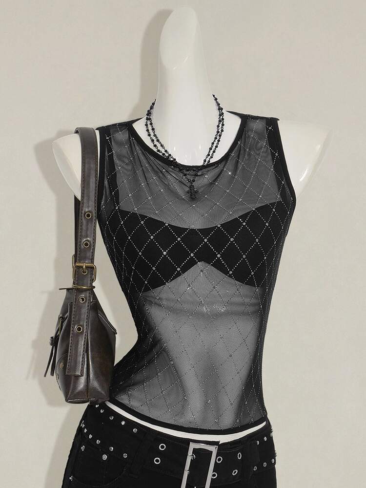 SHEIN ICON 女式格子网眼拼接无袖派对透视性感短款上衣 - 黑色 - 查看 11