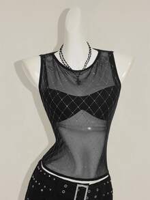 SHEIN ICON 女式格子网眼拼接无袖派对透视性感短款上衣 - 黑色 - 查看 4