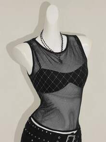 SHEIN ICON 女式格子网眼拼接无袖派对透视性感短款上衣 - 黑色 - 查看 8