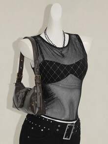 SHEIN ICON 女式格子网眼拼接无袖派对透视性感短款上衣 - 黑色 - 查看 6