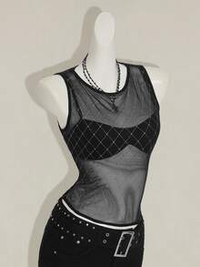 SHEIN ICON 女式格子网眼拼接无袖派对透视性感短款上衣 - 黑色 - 查看 7