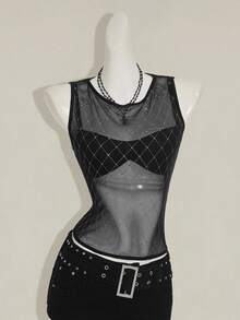 SHEIN ICON 女式格子网眼拼接无袖派对透视性感短款上衣 - 黑色 - 查看 3