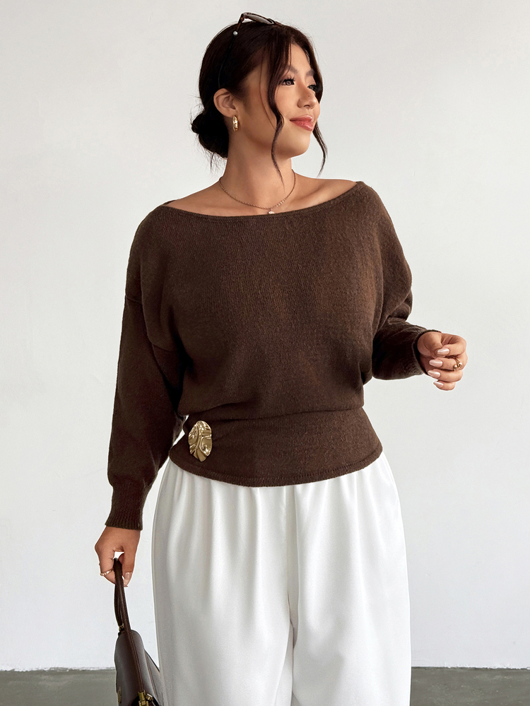Firerie Plus Asymmetrical Neck Drop Shoulder Sweater Fall - Chocolate Brown - View 7