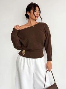 Firerie Áo len cổ bất đối xứng vai trễ size lớn - Màu nâu Sô-cô-la - Xem 6