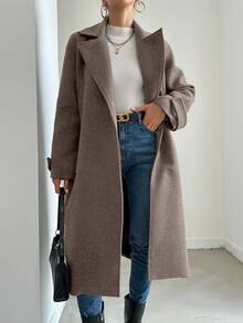 SHEIN Women's Autumn/Winter Lapel NeckPocket Long Overcoat - Mocha Brown - View 4