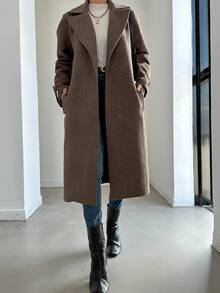 SHEIN Women's Autumn/Winter Lapel NeckPocket Long Overcoat - Mocha Brown - View 5