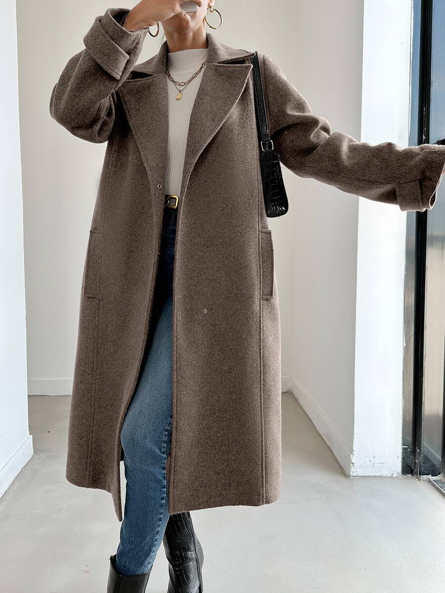 SHEIN Women's Autumn/Winter Lapel NeckPocket Long Overcoat - Mocha Brown - View 1