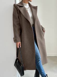 SHEIN Women's Autumn/Winter Lapel NeckPocket Long Overcoat - Mocha Brown - View 3