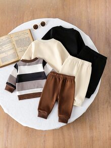 SHEIN Vintaside Kids 3件組男童幼兒多色抓絨運動衫與長褲套裝，復古熊圖案，基礎秋冬穿搭 - 彩色 - 查看 2