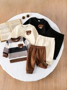 SHEIN Vintaside Kids 3件組男童幼兒多色抓絨運動衫與長褲套裝，復古熊圖案，基礎秋冬穿搭 - 彩色 - 查看 4