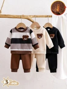 SHEIN Vintaside Kids 3件組男童幼兒多色抓絨運動衫與長褲套裝，復古熊圖案，基礎秋冬穿搭 - 彩色 - 查看 6