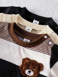 SHEIN Vintaside Kids 3件組男童幼兒多色抓絨運動衫與長褲套裝，復古熊圖案，基礎秋冬穿搭 - 彩色 - 查看 8