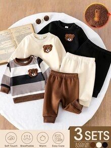 SHEIN Vintaside Kids 3件組男童幼兒多色抓絨運動衫與長褲套裝，復古熊圖案，基礎秋冬穿搭 - 彩色 - 查看 3