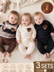 SHEIN Vintaside Kids 3件組男童幼兒多色抓絨運動衫與長褲套裝，復古熊圖案，基礎秋冬穿搭 - 彩色 - 查看 1