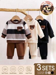 SHEIN Vintaside Kids 3件組男童幼兒多色抓絨運動衫與長褲套裝，復古熊圖案，基礎秋冬穿搭 - 彩色 - 查看 5