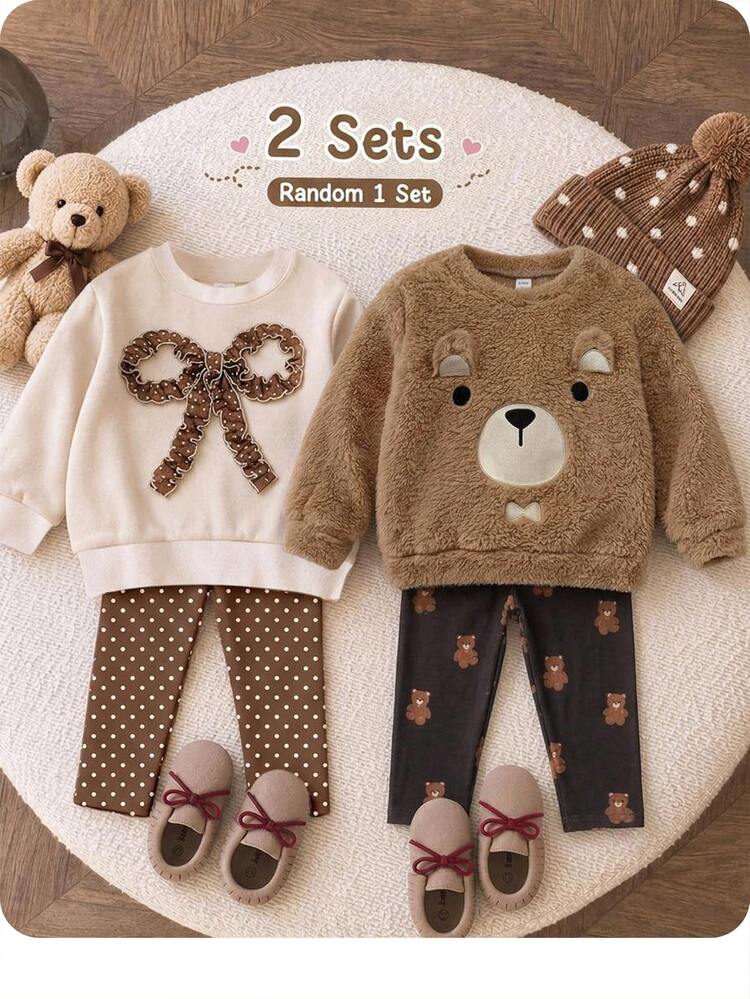 SHEIN Baby Girl Cute Casual Fluffy Cartoon Pattern Long Sleeve Sweatshirt Elastic Waist Long Autumn Winter Pants Set - Mocha Brown - View 1