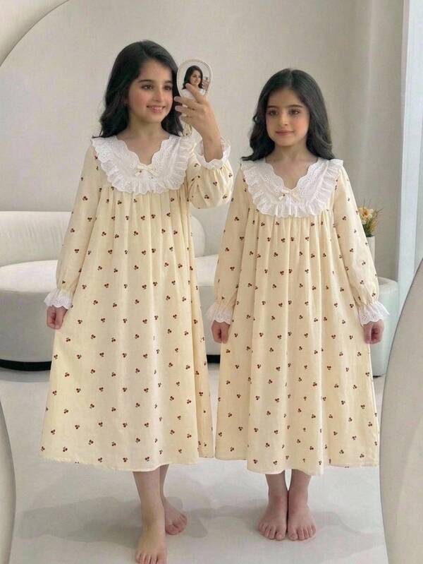 SHEIN Tween Girl Loose Casual Embroidered Lace Trim Patchwork Ditsy Floral Cherry Print Woven Textured Long Sleeve Bow Loungewear Nightgown Sleep Dress Apricot