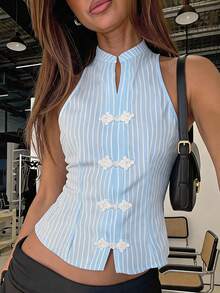 Travachic 女款條紋時尚百搭日常休閒上衣 盤扣設計 - 淺藍色 - 查看 6