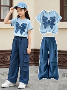 SHEIN Elladie kids Girls 2‑Piece Outfit Crew Neck Short‑Sleeve Tee With Butterfly Lace Bow Pearl Patch Dark Blue Cargo Wide‑Leg Pants Set Back To School Clothes Girls - Blue - View 1