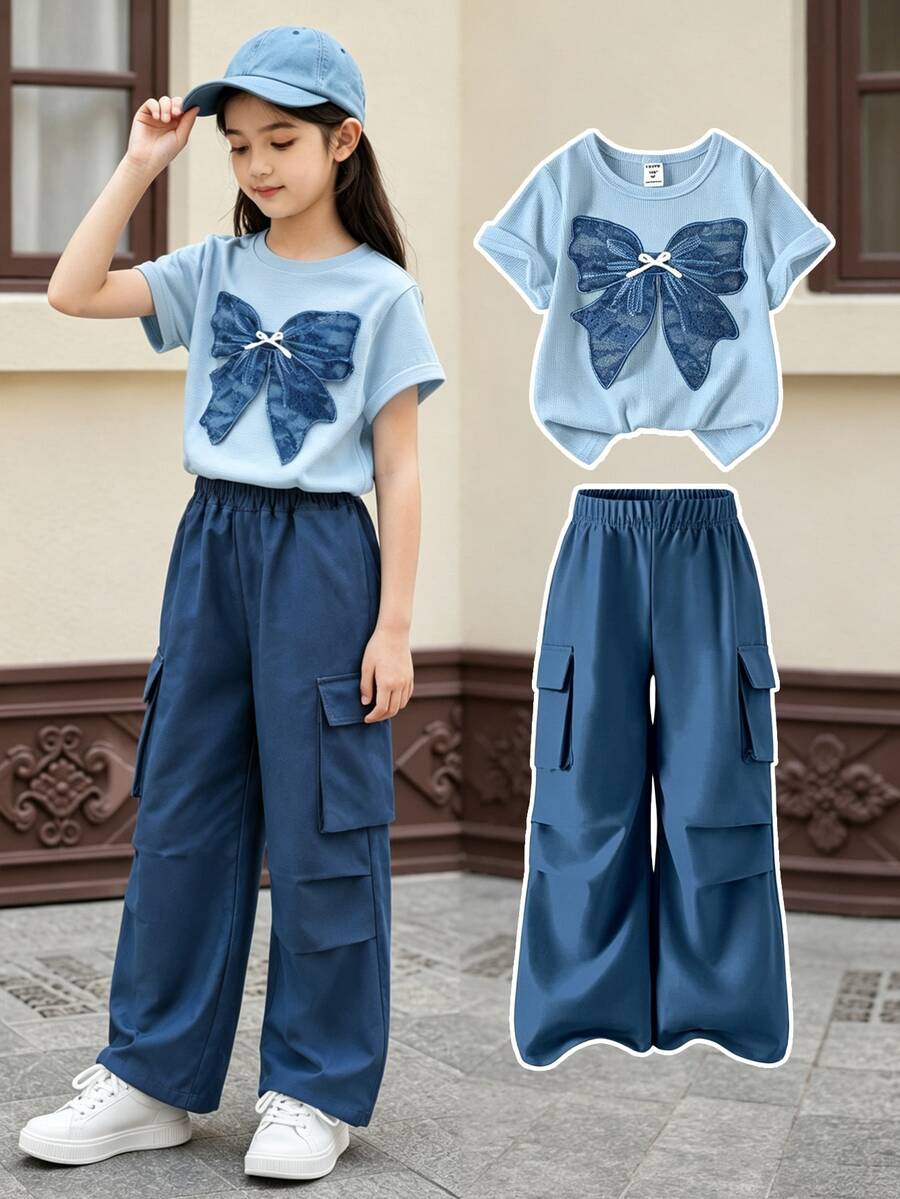 SHEIN Elladie kids Girls 2‑Piece Outfit Crew Neck Short‑Sleeve Tee With Butterfly Lace Bow Pearl Patch Dark Blue Cargo Wide‑Leg Pants Set Back To School Clothes Girls - Blue - View 1