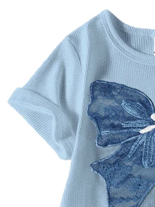 SHEIN Elladie kids Girls 2‑Piece Outfit Crew Neck Short‑Sleeve Tee With Butterfly Lace Bow Pearl Patch Dark Blue Cargo Wide‑Leg Pants Set Back To School Clothes Girls - Blue - View 5