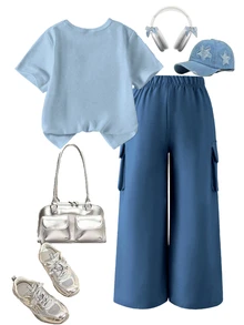 SHEIN Elladie kids Girls 2‑Piece Outfit Crew Neck Short‑Sleeve Tee With Butterfly Lace Bow Pearl Patch Dark Blue Cargo Wide‑Leg Pants Set Back To School Clothes Girls - Blue - View 2