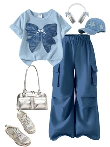 SHEIN Elladie kids Girls 2‑Piece Outfit Crew Neck Short‑Sleeve Tee With Butterfly Lace Bow Pearl Patch Dark Blue Cargo Wide‑Leg Pants Set Back To School Clothes Girls - Blue - View 10