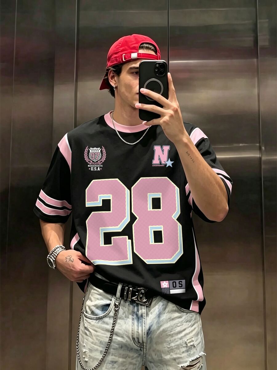 Resyla 休闲街头感复古圆点数字组合字母运动学院风男式 T 恤 - 彩色 - 查看 1