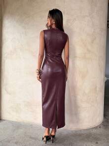 Aloruh Women's Autumn/Winter PU New Chinese Style Hollow Chest Extra Long Dress - Burgundy - View 2