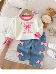 SHEIN Baby Girl Cute Casual Knit Bow Long Sleeve Sweatshirt Blue Long Autumn Pants Set - Pink - View 6
