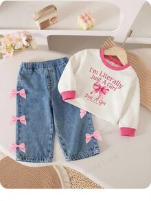 SHEIN Baby Girl Cute Casual Knit Bow Long Sleeve Sweatshirt Blue Long Autumn Pants Set - Pink - View 1