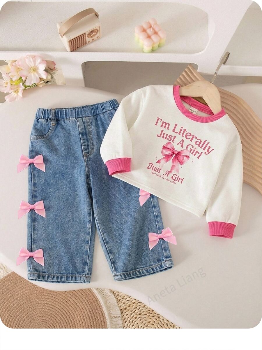 SHEIN Baby Girl Cute Casual Knit Bow Long Sleeve Sweatshirt Blue Long Autumn Pants Set - Pink - View 1