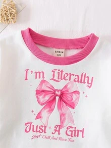 SHEIN Baby Girl Cute Casual Knit Bow Long Sleeve Sweatshirt Blue Long Autumn Pants Set - Pink - View 3