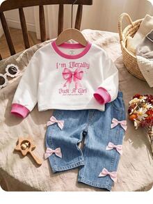 SHEIN Baby Girl Cute Casual Knit Bow Long Sleeve Sweatshirt Blue Long Autumn Pants Set - Pink - View 7