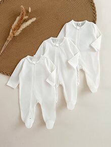 SHEIN Vintaside Kids Newborn Baby 3 Pieces Set Jumpsuit Knitted Long Sleeved Snap Closure Family Matching Wear - White - View 5