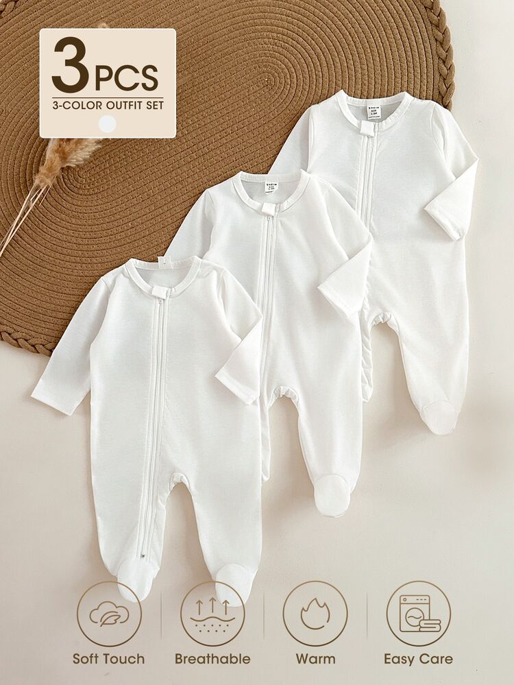 SHEIN Vintaside Kids Bộ 3 món cho trẻ sơ sinh gồm jumpsuit dệt kim tay dài cài nút, đồ mặc gia đình đồng bộ - trắng - Xem 4