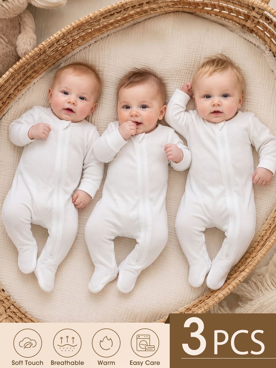 SHEIN Vintaside Kids Newborn Baby 3 Pieces Set Jumpsuit Knitted Long Sleeved Snap Closure Family Matching Wear - White - View 1